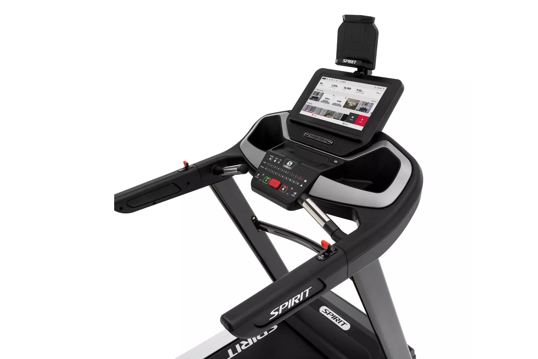 Black and gray Spirit stationary bike with digital console displaying fitness metrics on white background