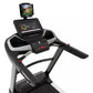 Spirit XT685ENT treadmill with black and silver frame, touchscreen display showing workout metrics, and tablet holder on whit