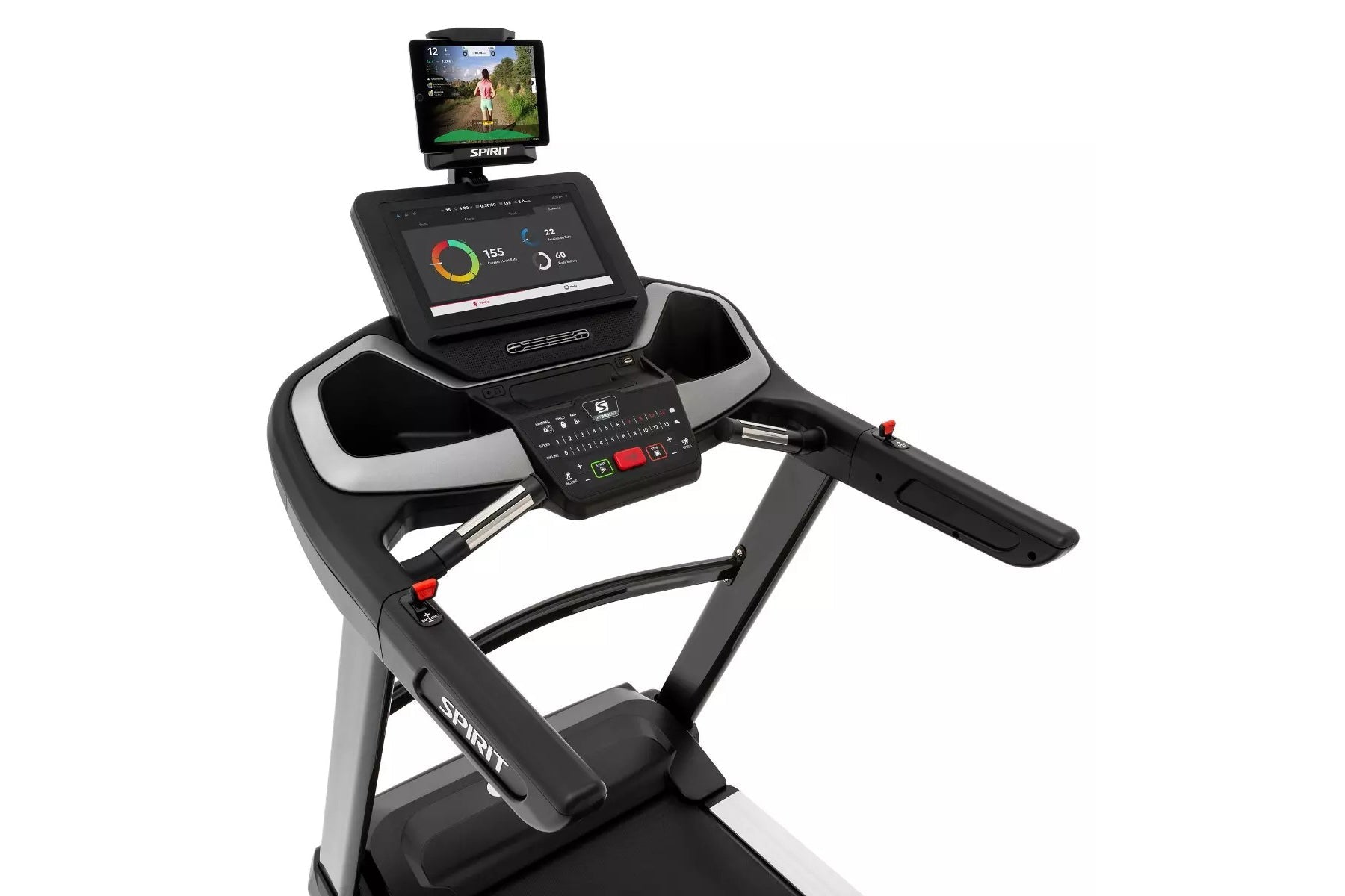 Spirit XT685ENT treadmill with black and silver frame, touchscreen display showing workout metrics, and tablet holder on whit