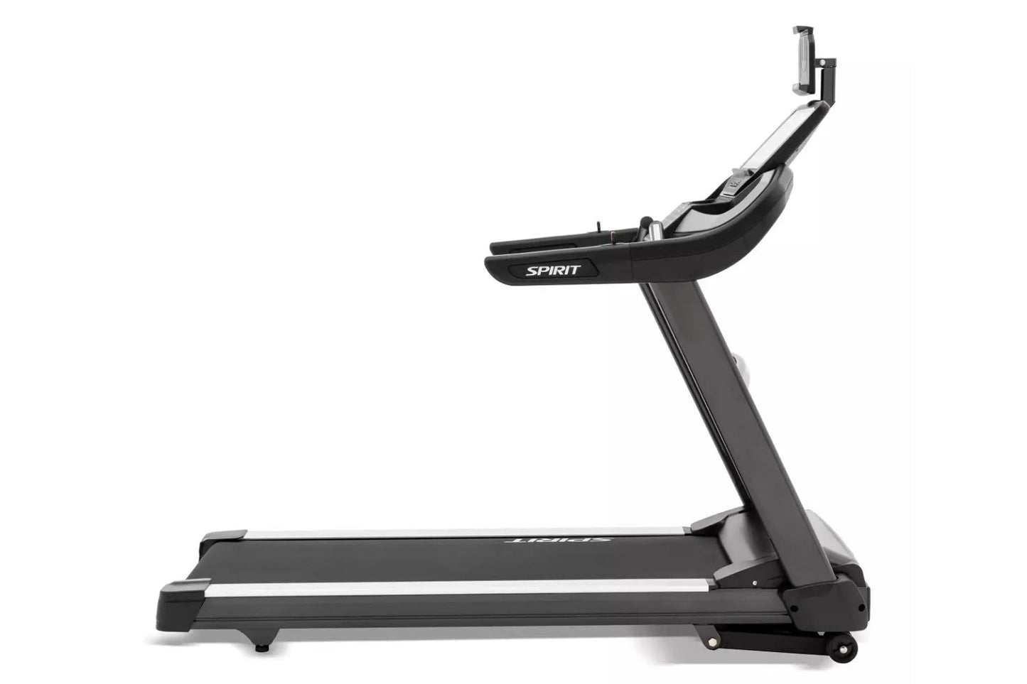 Spirit XT685ENT black treadmill with tablet holder and digital console on white background