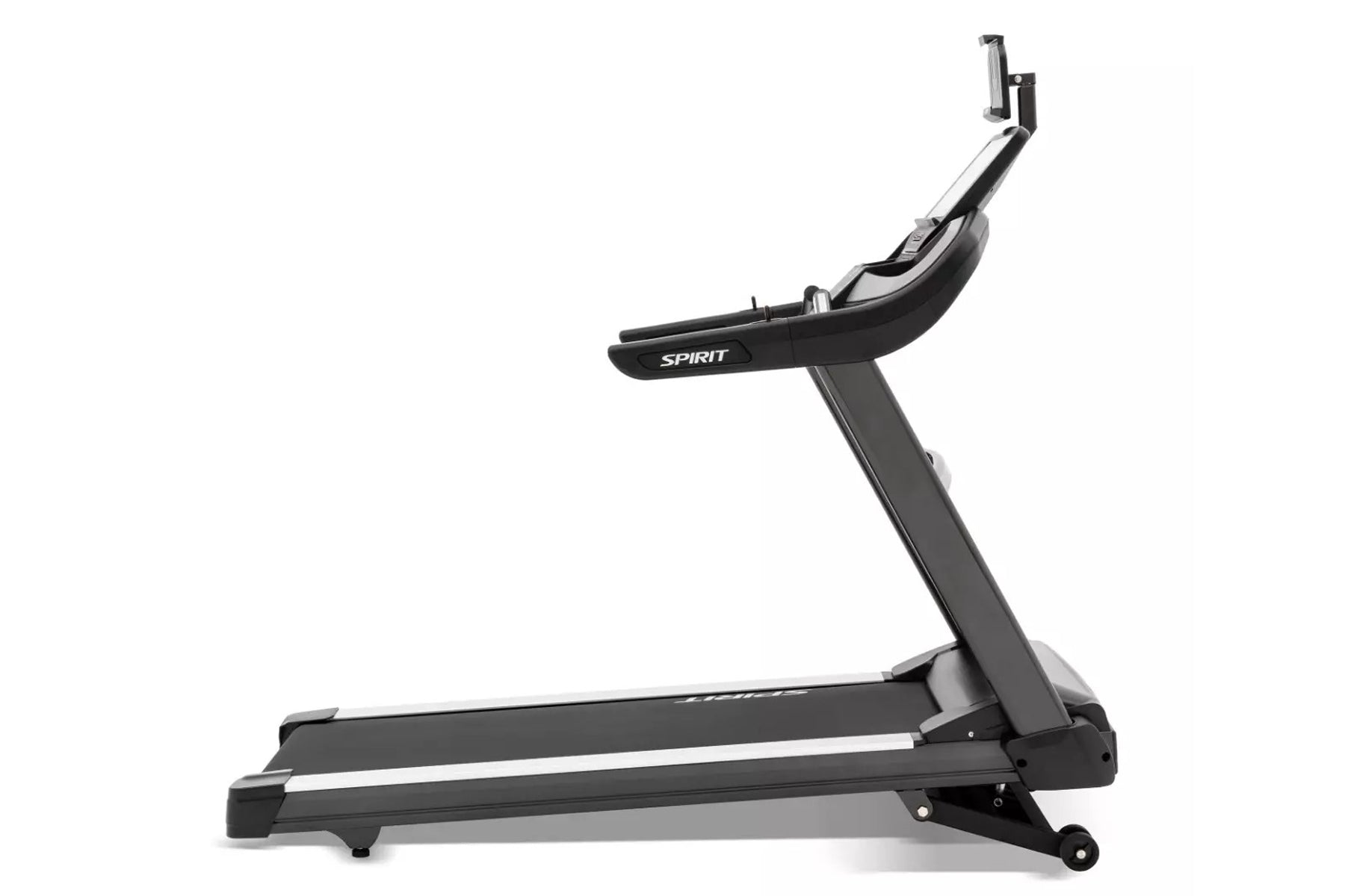 Spirit XT685ENT black treadmill with silver accents and digital display console, shown from side angle on white background