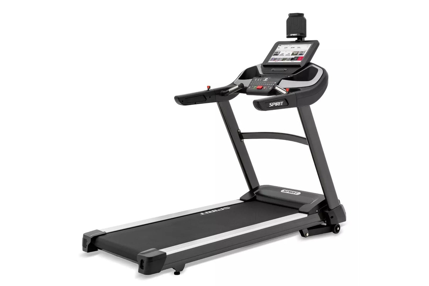 Spirit XT685ENT black treadmill with digital display console, tablet holder, and white accents on white background