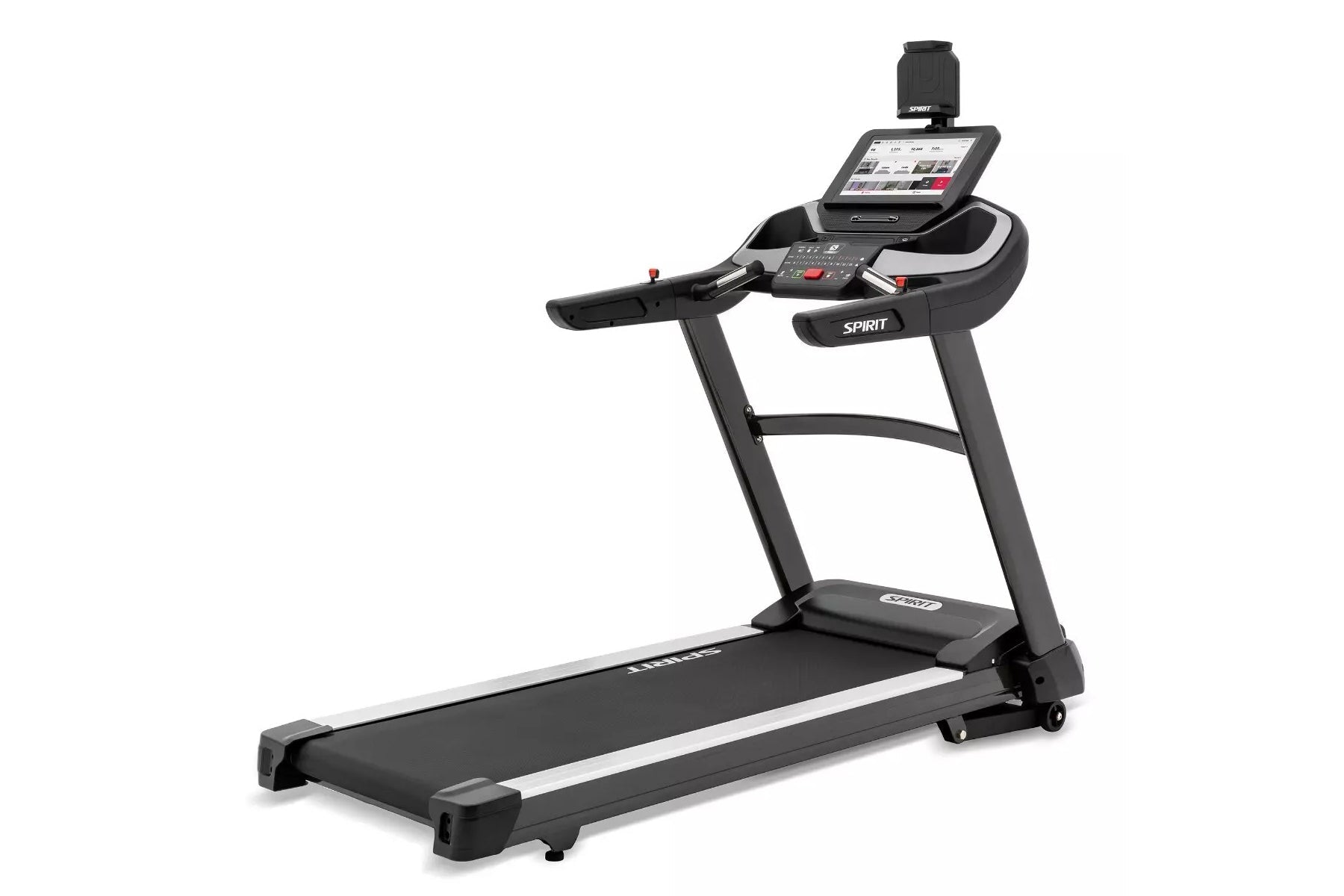 Spirit XT685ENT black treadmill with digital display console, tablet holder, and white accents on white background