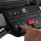 Black treadmill console with green START button and red STOP button, displaying speed, incline, and other control settings wi
