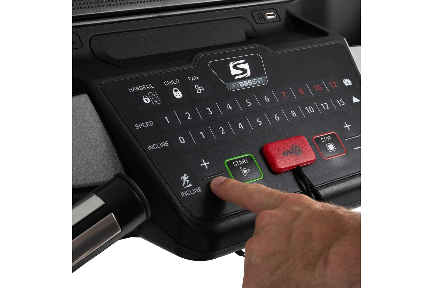 Black treadmill console with green START button and red STOP button, displaying speed, incline, and other control settings wi