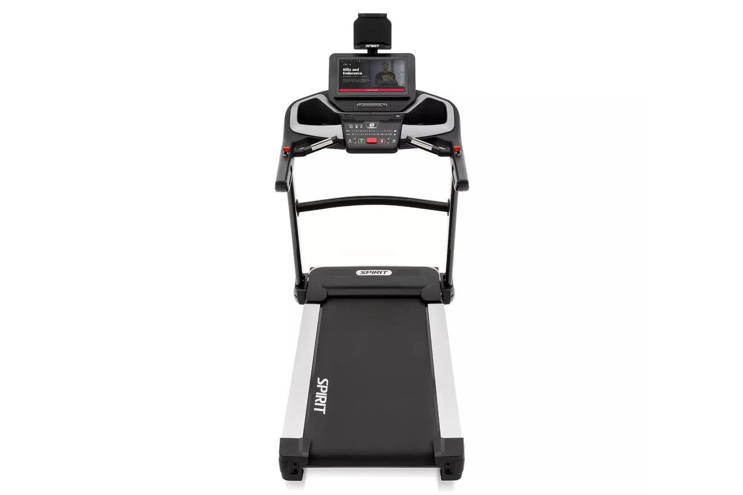 Spirit XT685ENT treadmill with black and white frame, digital console display with tablet holder, and red accent buttons on w