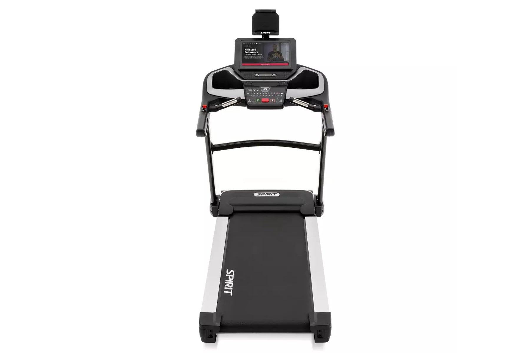 Spirit XT685ENT treadmill with black and white frame, digital console display with tablet holder, and red accent buttons on w