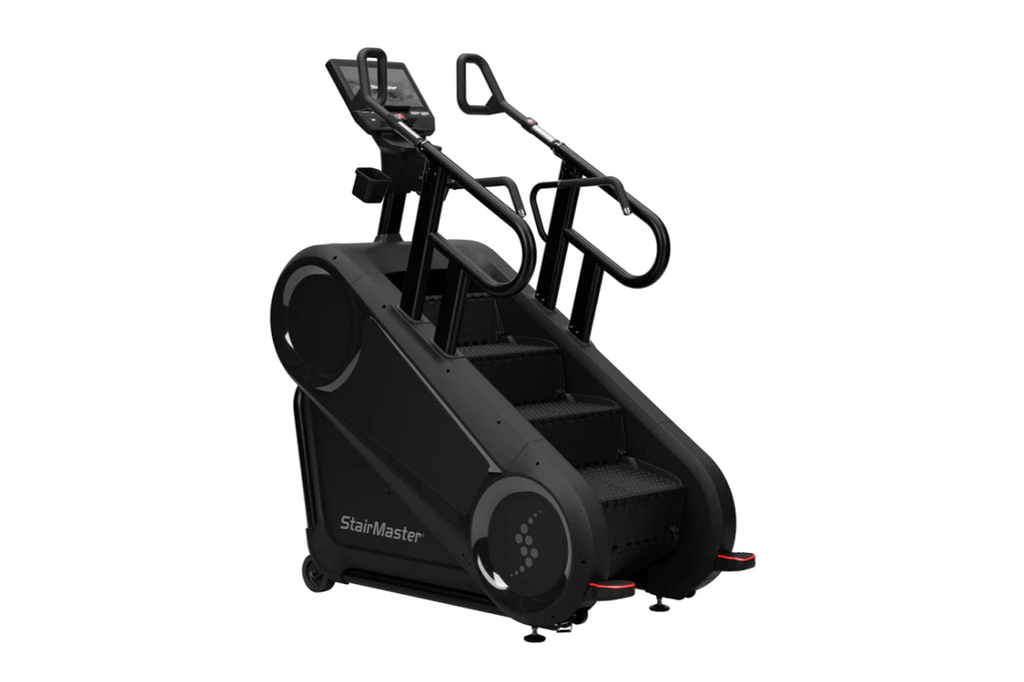 Black StairMaster Gauntlet 10G Stepmill with dual handles, digital display, and textured foot pedals on white background
