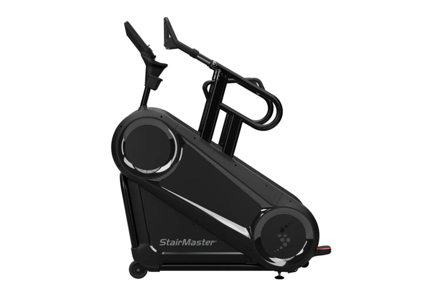 Black StairMaster Gauntlet 10G stepmill with dual wheels, digital display, and handlebar controls on white background