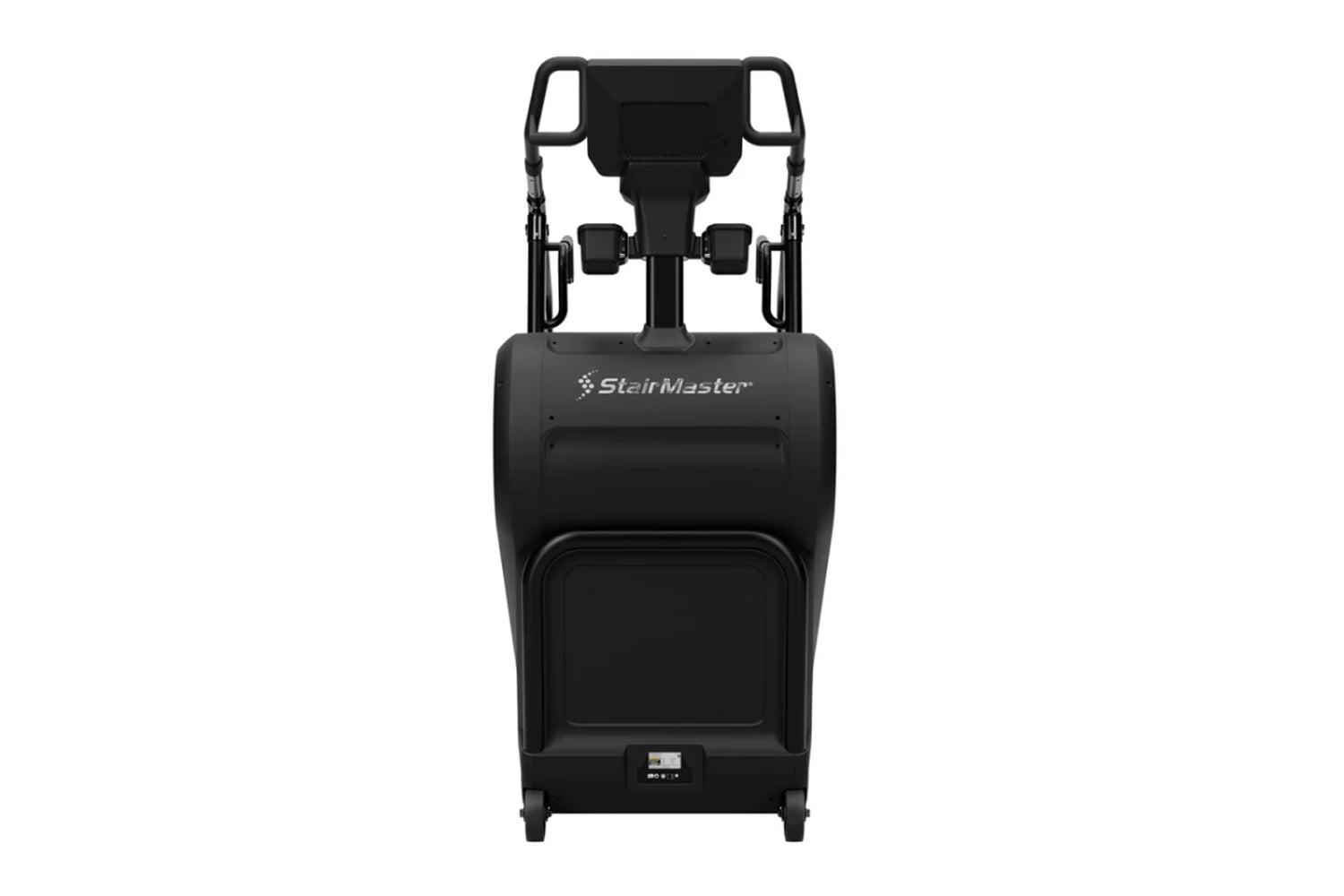 Black StairMaster Gauntlet 10G stepmill with cushioned seat, dual arm handles, and foot pedals on white background