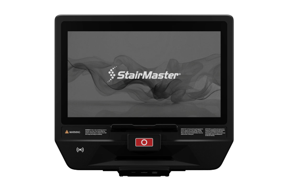 Black StairMaster Gauntlet 10G stepmill with digital display screen showing StairMaster logo and abstract graphics, red recor