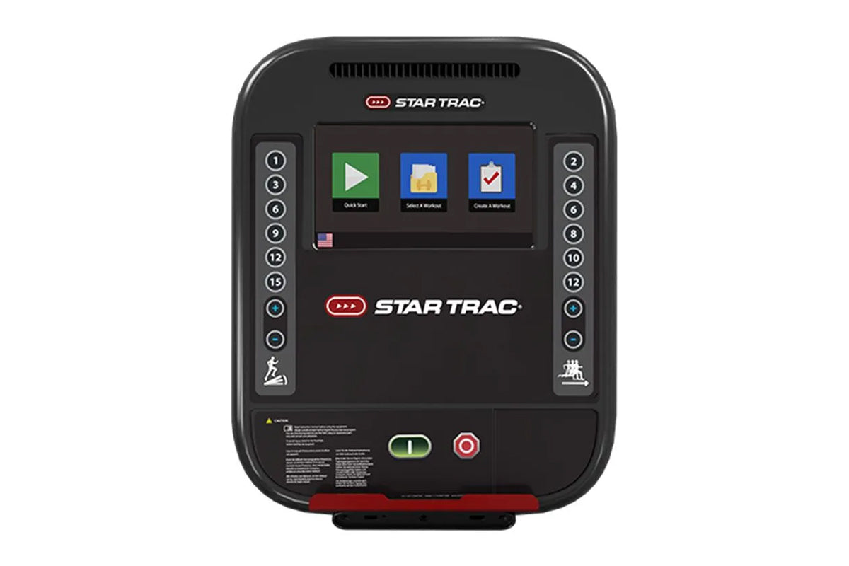 Star Trac Gauntlet 4G StepMill with black frame, touchscreen display showing workout apps, and numbered side buttons on white
