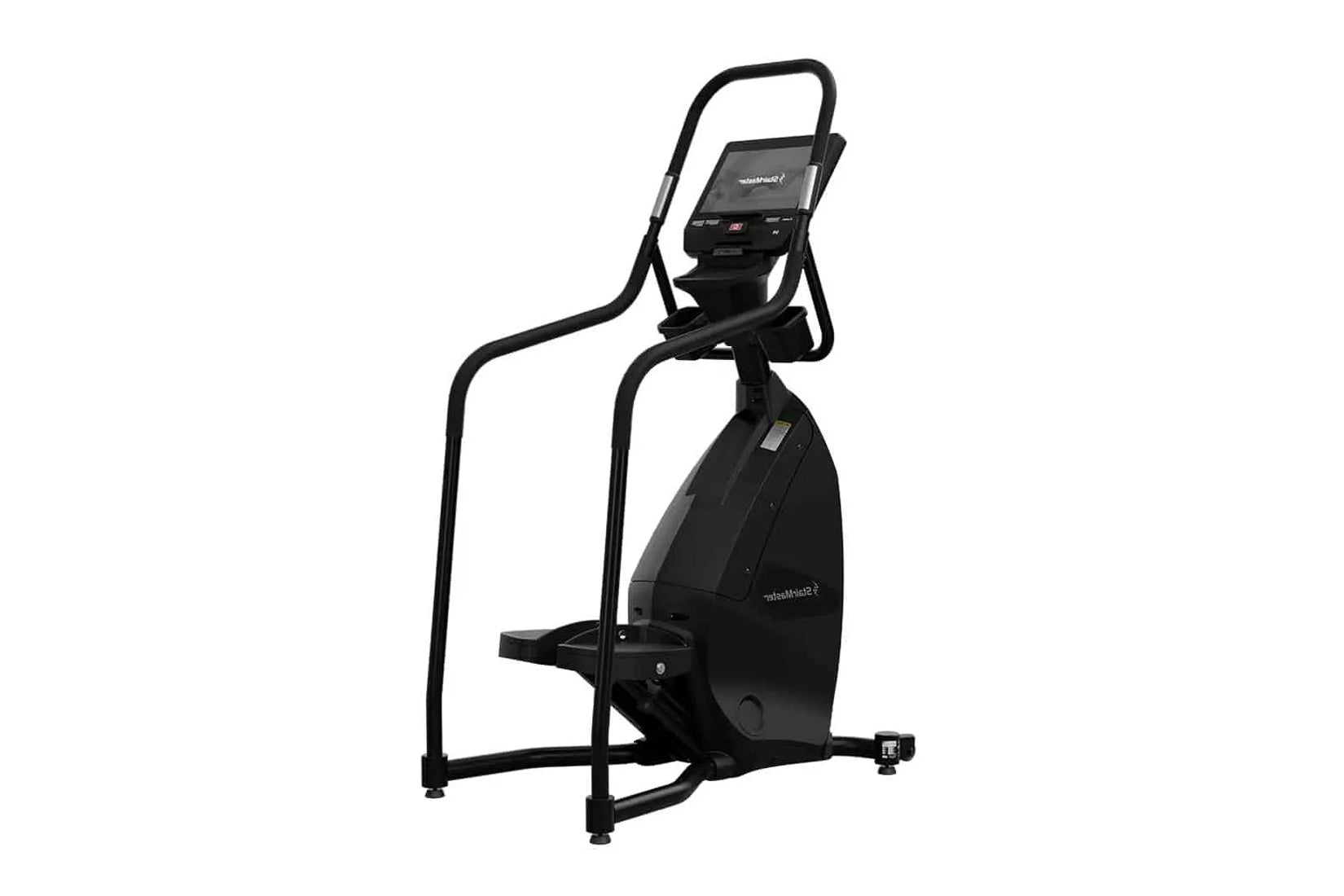 Black StairMaster 8-FreeClimber stair climbing exercise machine with digital display console and handrails on white backgroun