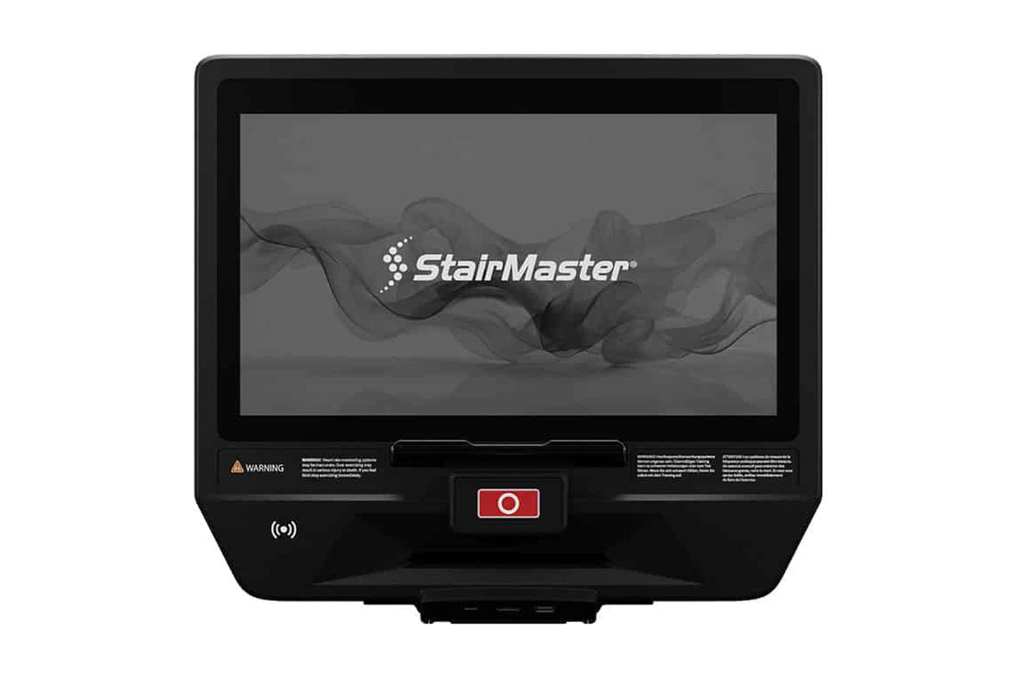 Black StairMaster 8-FreeClimber stairclimber with touchscreen display showing StairMaster logo, red stop button, and wireless