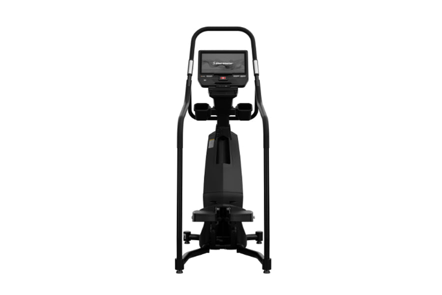 Black StairMaster 8-FreeClimber stair climbing machine with digital display and handrails, shown on white background