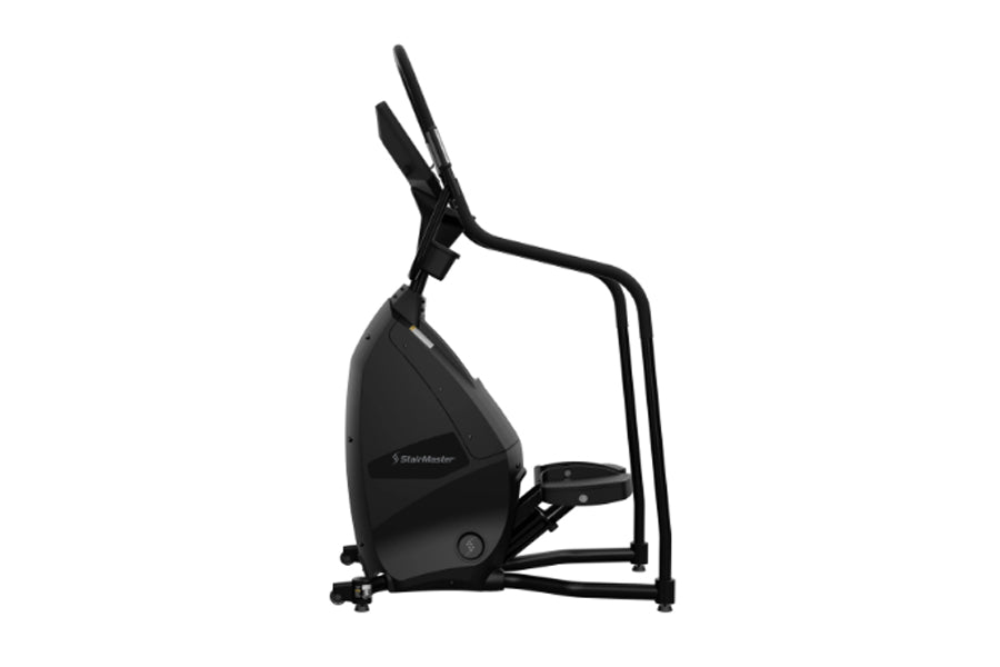 Black StairMaster 8-FreeClimber stair climbing exercise machine with dual handles and footrests on white background