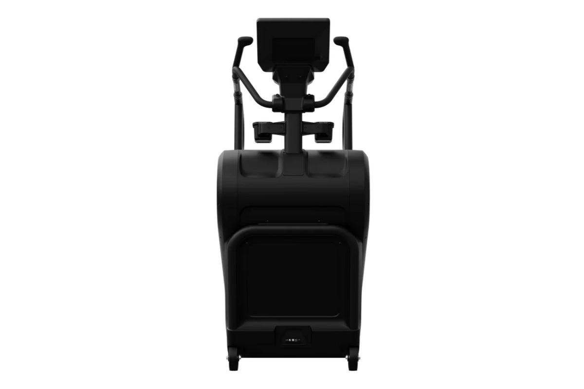 Black StairMaster 8Gx Gauntlet stair stepper with dual handles and digital display, front view on white background