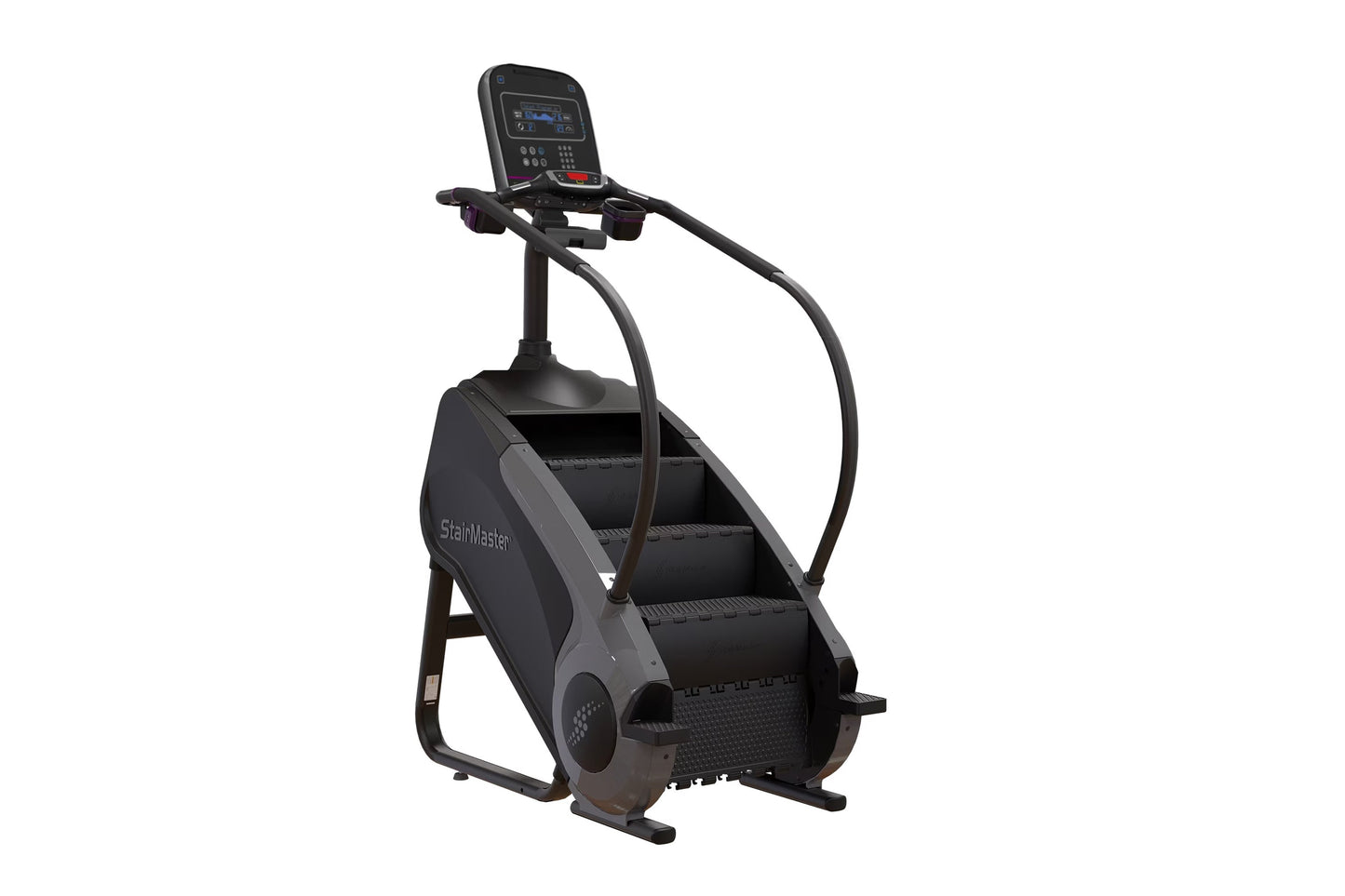 Black StairMaster Gauntlet 8G StepMill with digital display console, handrails, and stepped climbing platform on white backgr
