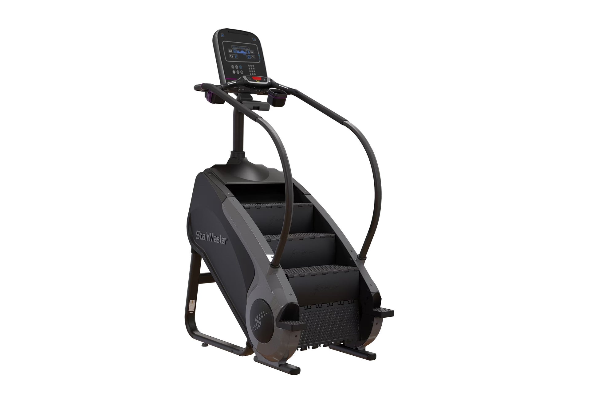 Black StairMaster Gauntlet 8G StepMill with digital display console, handrails, and stepped climbing platform on white backgr
