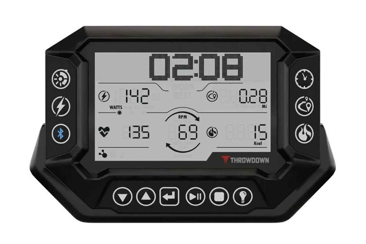 Black fitness equipment console with digital display showing time 02:09, watts 142, heart rate 195, RPM 69, miles 0.28, and c