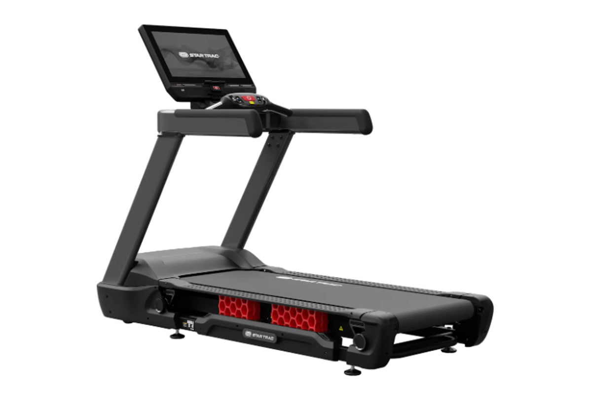 Star Trac 10 Series FreeRunner black treadmill with digital display console and red LED readout on white background