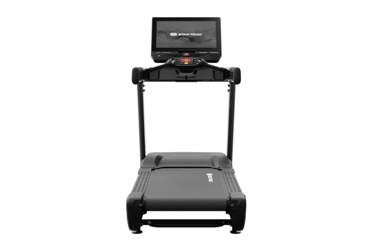 Star Trac 10 Series FreeRunner black treadmill with digital display console and handrails, shown on white background
