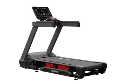 Black Star Trac 10 Series FreeRunner treadmill with digital console, cushioned running deck, and red accent lighting on white