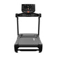 Black electric treadmill with digital display console, handrails, and cushioned running deck, front view on white background