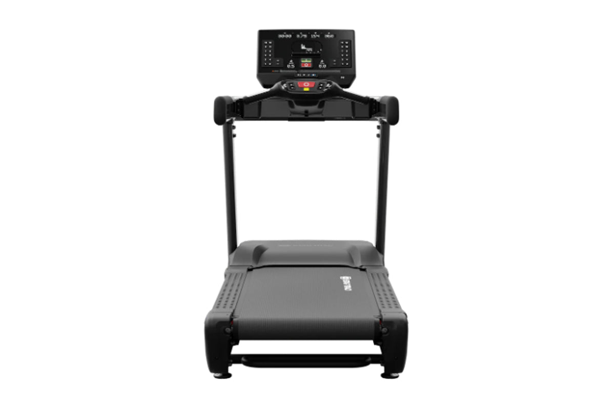 Black electric treadmill with digital display console, handrails, and cushioned running deck, front view on white background