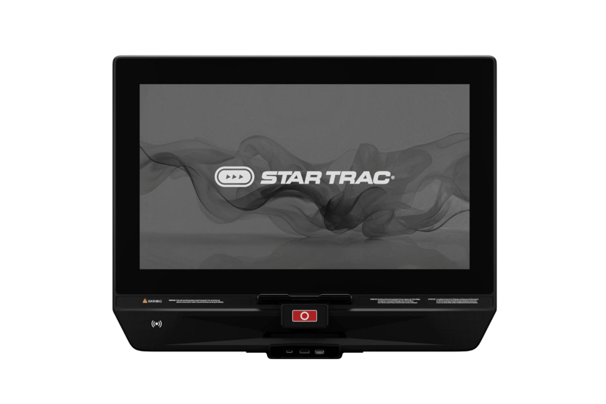 Black Star Trac treadmill console displaying startup screen with logo and abstract wave graphics on white background