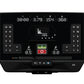 Black treadmill console with digital display showing workout metrics, numbered keypads on sides, green and red control button