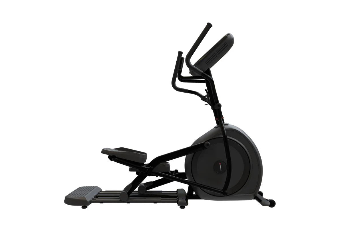 Black elliptical cross trainer with dual handles, large pedals, and digital display on white background