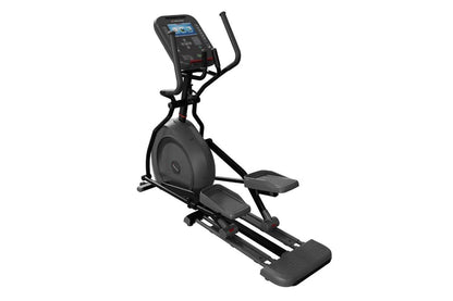 Black elliptical cross trainer with digital display console, dual footplates, and movable handlebars, on white background