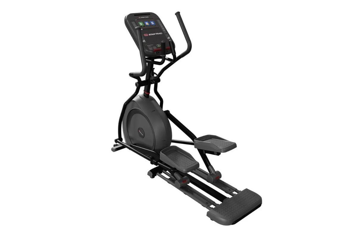 Black Star Trac elliptical cross trainer with digital display console, dual foot pedals, and curved handles on white backgrou