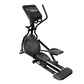 Black elliptical cross trainer with digital display console, handlebar grips, and foot pedals on white background
