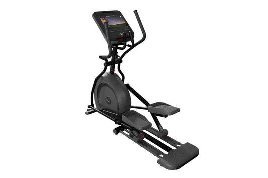 Black elliptical cross trainer with digital display console, handlebar grips, and foot pedals on white background