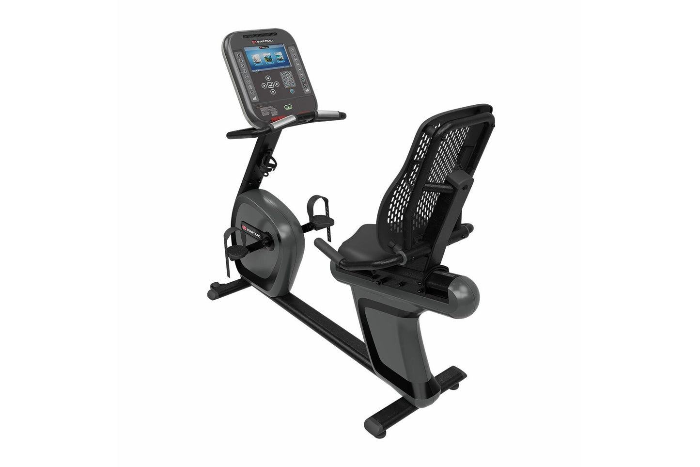 Black and gray recumbent exercise bike with digital touchscreen console, mesh-back seat, and foot pedals on white background