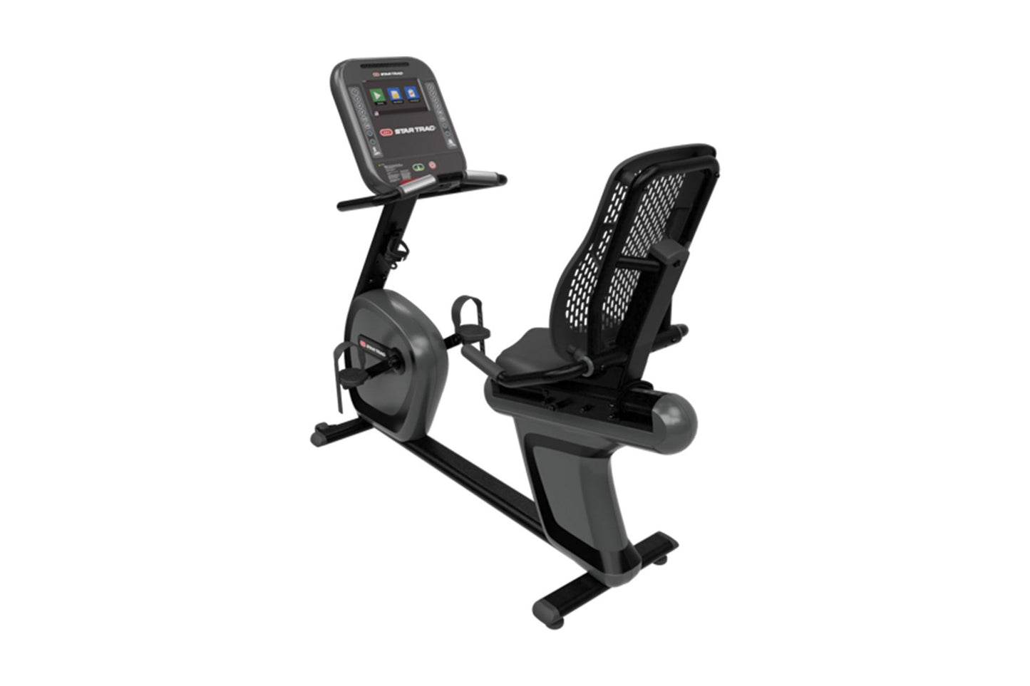 Star Trac 4RB recumbent stationary bike with black mesh backrest, digital touchscreen console, and gray base on white backgro