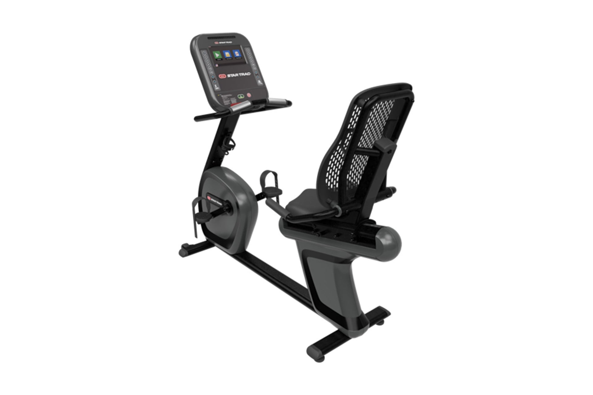 Star Trac 4RB recumbent stationary bike with black mesh backrest, digital touchscreen console, and gray base on white backgro