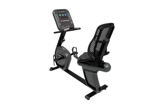 Star Trac 4RB recumbent stationary bike with black mesh backrest, digital touchscreen console, and gray base on white backgro