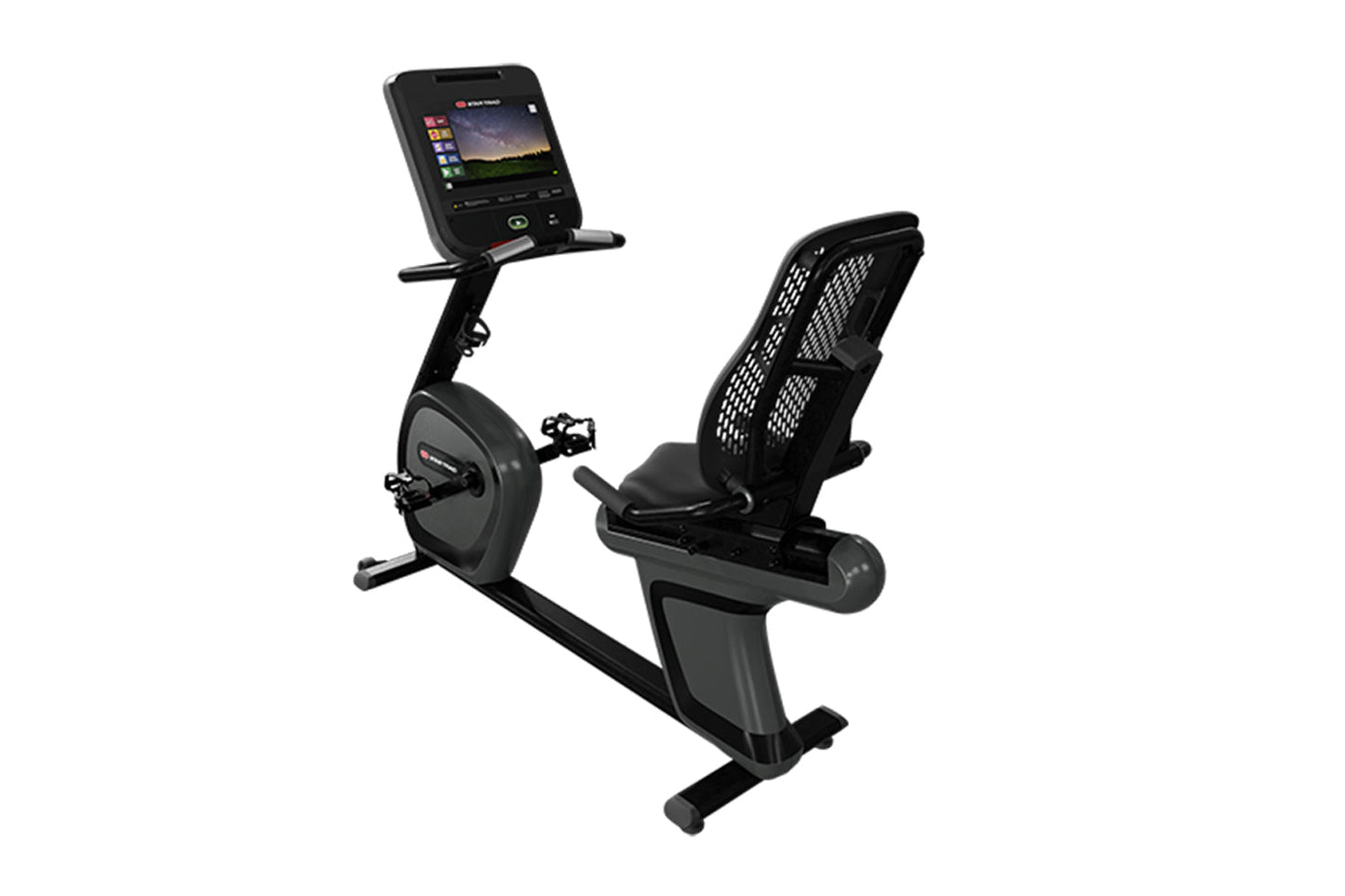 Black recumbent exercise bike with mesh back support, digital display console, and gray base on white background
