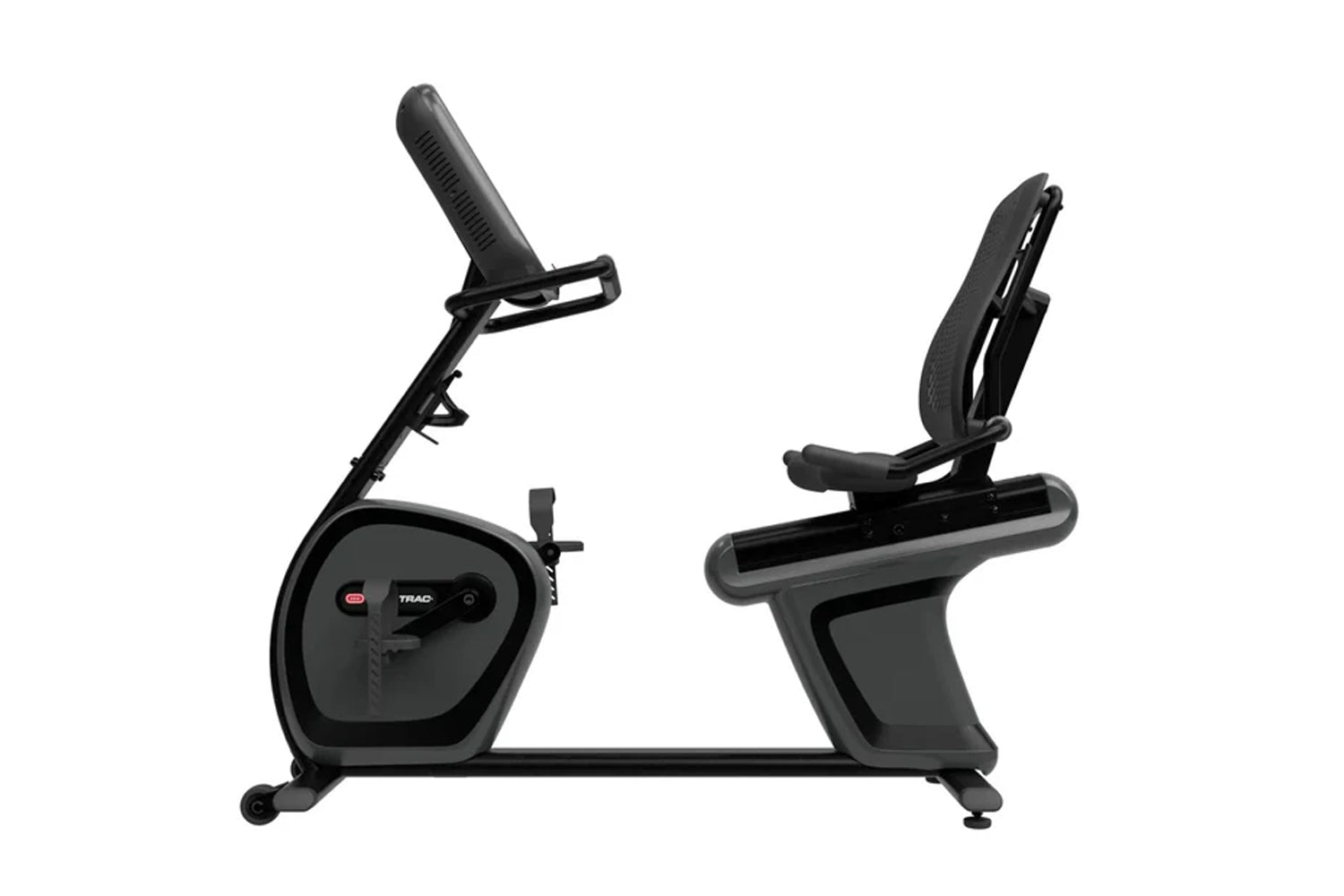 Black recumbent exercise bike with padded seat, digital console, adjustable backrest, and foot pedals on white background