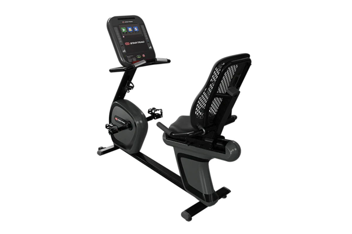 Black recumbent exercise bike with mesh backrest, digital console, and pedal straps on white background