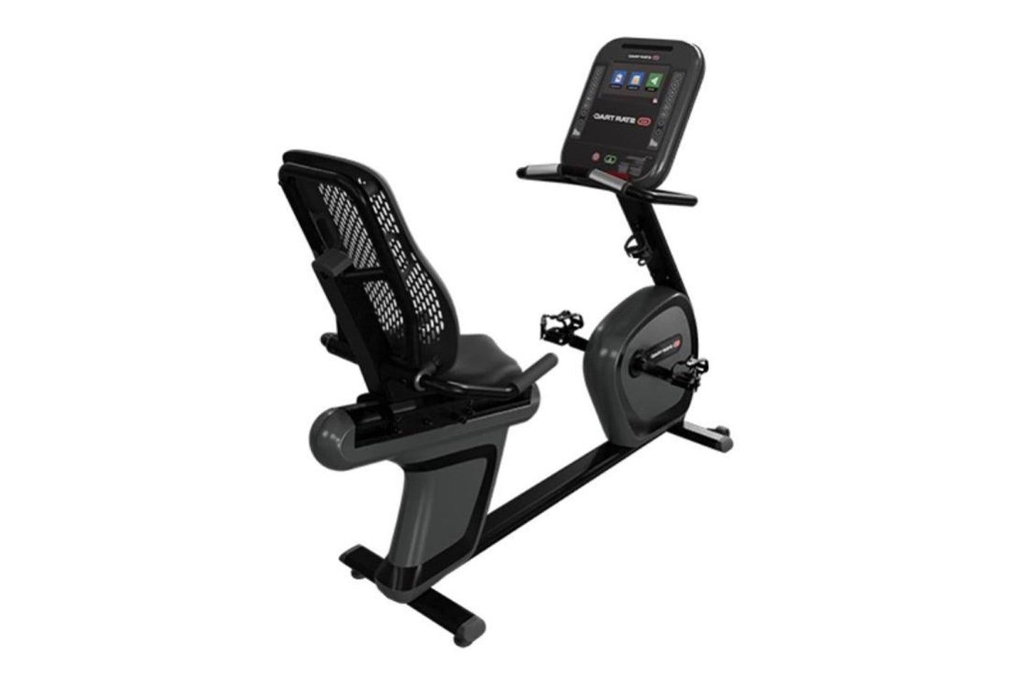 Black and gray recumbent exercise bike with mesh backrest, digital display console, and foot pedals on white background