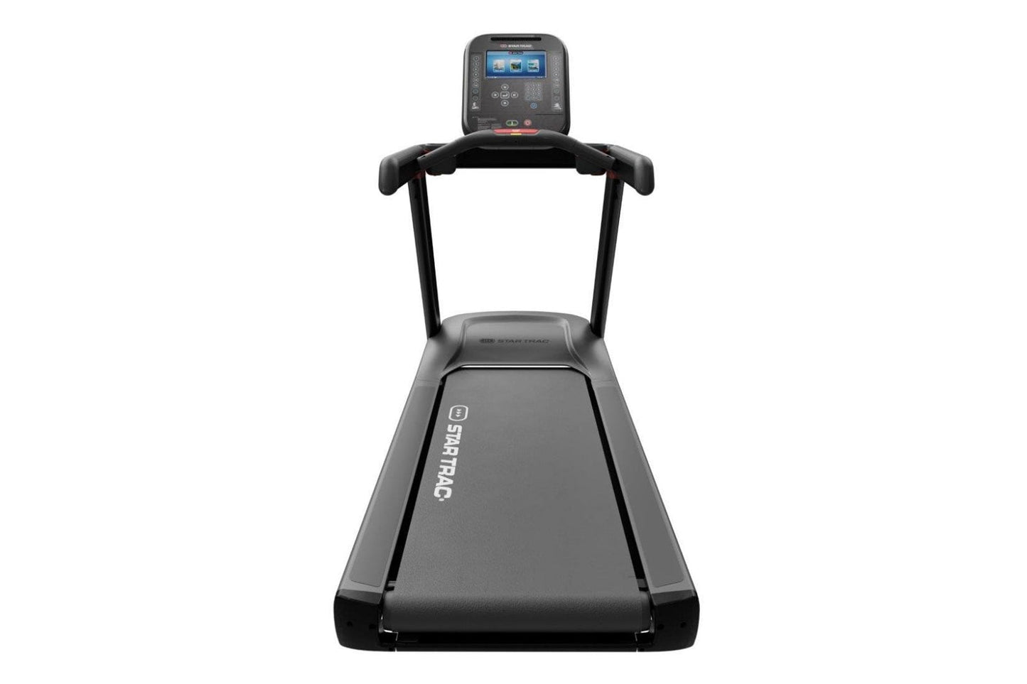 Black Star Trac 4TR treadmill with digital display console, black handles, and gray running deck on white background