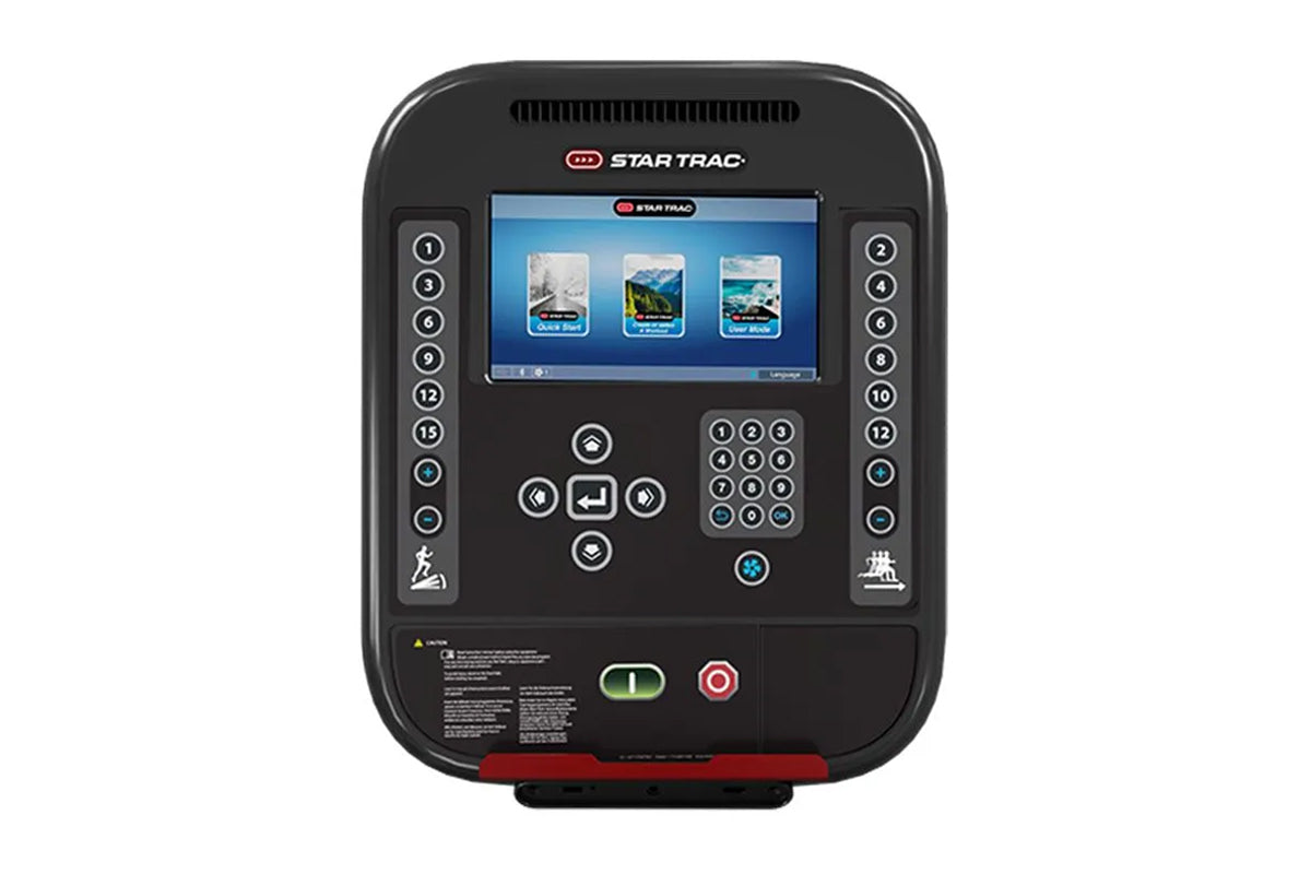Star Trac 4TR treadmill console with black body, blue touchscreen display, numbered side buttons, directional controls, and r