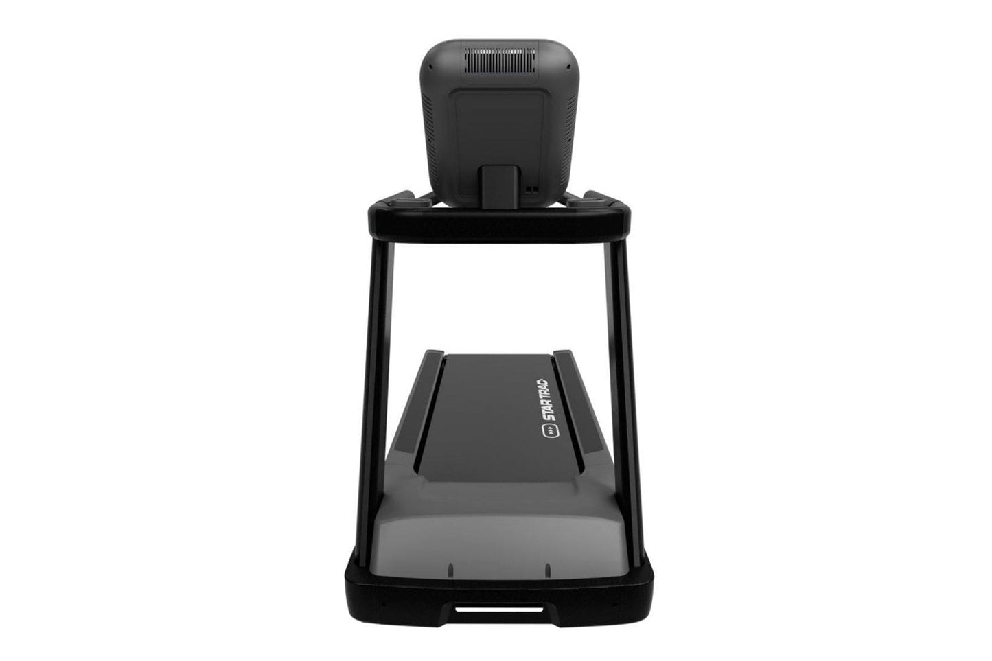 Black Star Trac 4TR treadmill with gray running belt, black frame, and digital display console on white background