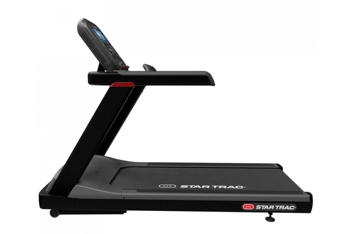Black Star Trac 4TR treadmill with digital display console, red accents, and wide running deck on white background
