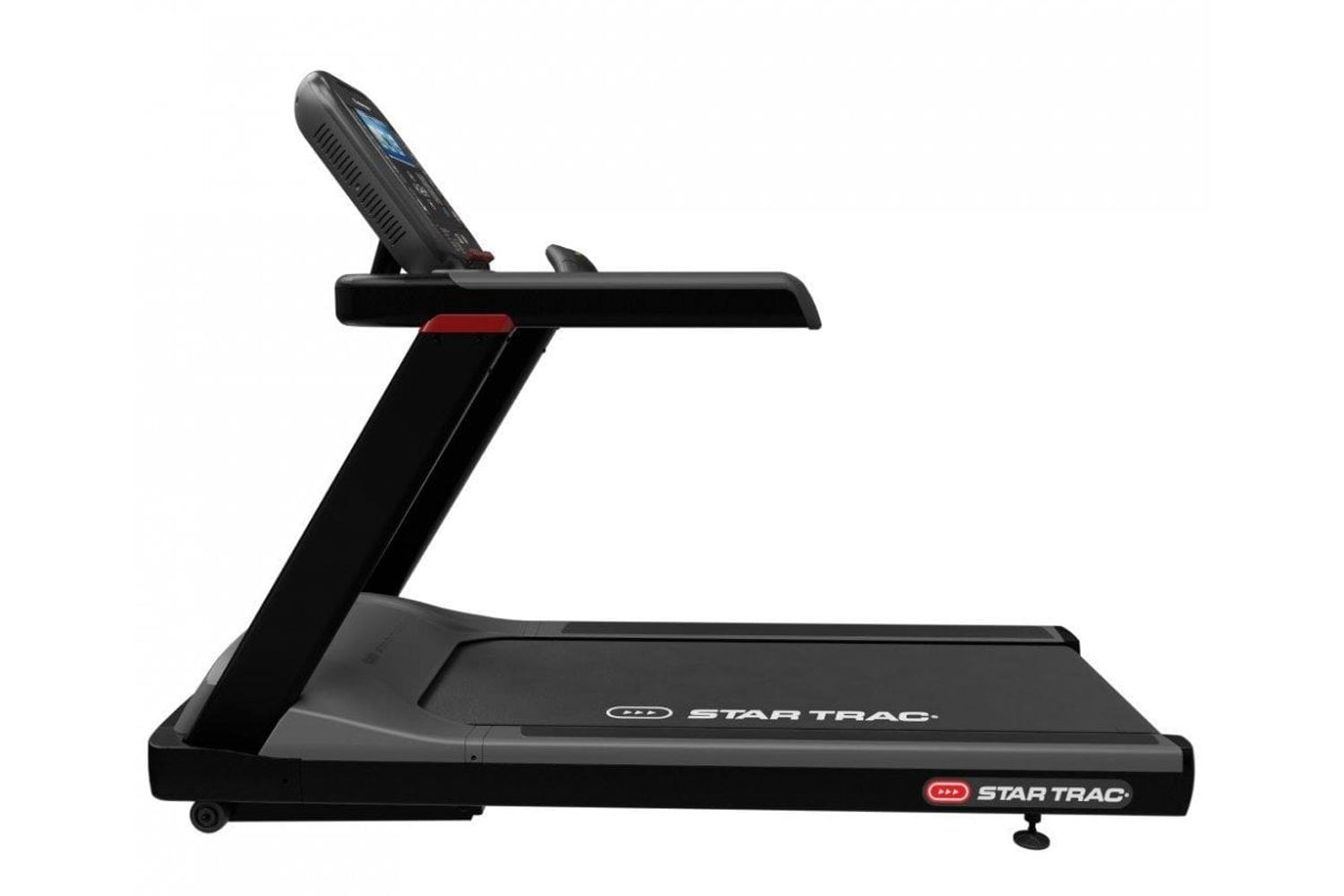 Black Star Trac 4TR treadmill with digital display console, red accents, and wide running deck on white background