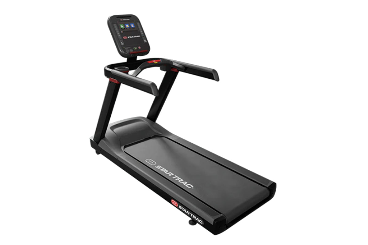 Black Star Trac motorized treadmill with digital console, gray and black frame, red accents, on white background